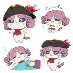  1boy 1girl ageseine animal_hands annoyed arm_warmers blanket blush_stickers bobico closed_eyes closed_mouth commentary_request dog dog_paws fairy_(precure) fur_arm_warmers fur_sleeves hand_up hat heart highres lying meitantei_precure! open_mouth precure purple_eyes purple_hair purple_veil scarf sleeping tail usonoir usonoir_(fairy) veil zzz 