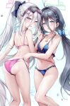  2girls alternate_hairstyle aris_(blue_archive) ass bare_arms bare_shoulders bikini black_hair black_hairband blue_archive blue_background blue_bikini blue_eyes blush braid breasts chiyingzai commentary_request eyewear_on_head frilled_bikini frills gradient_background hair_between_eyes hairband halo highres kei_(blue_archive) kei_(student)_(blue_archive) long_hair looking_at_viewer low_twintails multiple_girls navel open_mouth partial_commentary pink_bikini pink_eyes ponytail pulling_another's_clothes rectangular_halo small_breasts smile standing string_bikini swimsuit triangle_bikini_top twintails v very_long_hair wet white_background 