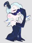  1girl black_dress black_gloves blue_hair commentary_request dress gloves grey_background highres lifting_own_clothes long_hair looking_at_viewer mask_lift octoling official_alternate_costume r1n2han9192 red_eyes shiver_(frostyfest)_(splatoon) shiver_(splatoon) short_eyebrows solo splatoon_(series) splatoon_3 tentacle_hair tentacle_hair_ornament thick_eyebrows tongue tongue_out 