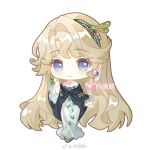  1girl artist_name beryl_bouanich black_cloak blue_eyes chibi chinese_commentary cloak commentary_request crescent crescent_earrings crystal_earrings dragonfly_hair_ornament dress earrings floating_earrings full_body grey_hair hand_up jewelry long_dress long_hair looking_at_viewer mismatched_earrings ning_mengmeng reverse:1999 smile solo standing very_long_hair watermark weibo_watermark white_background white_dress 