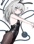  1girl ? absurdres alternate_costume animal_ear_hairband animal_ears black_hairband black_leotard blush breasts brown_pantyhose closed_mouth covered_navel disembodied_linked_eye eyeball fake_animal_ears grey_eyes grey_hair hairband highres komeiji_koishi leotard long_hair looking_at_viewer pantyhose playboy_bunny rabbit_ear_hairband rabbit_ears reverinth sideboob simple_background small_breasts solo strapless strapless_leotard touhou white_background white_wrist_cuffs wrist_cuffs 