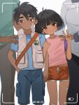  2boys 2girls averting_eyes bandaid bandaid_on_cheek bandaid_on_face bandaid_on_leg battery_indicator black_hair blue_shirt blue_shorts blunt_bangs brown_eyes child closed_mouth commentary cousins dark-skinned_female dark-skinned_male dark_skin diego_marquez dolphin_shorts dora_marquez dora_the_explorer english_commentary hand_on_another's_shoulder hand_up highres jacket looking_at_viewer midriff_peek multiple_boys multiple_girls navel open_clothes open_jacket orange_shorts pink_shirt recording shirt short_hair short_shorts short_sleeves shorts sleeveless sleeveless_jacket smile sydus v very_short_hair viewfinder white_jacket 