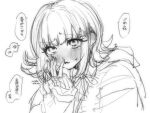  1girl blush commentary_request danganronpa_(series) danganronpa_2:_goodbye_despair greyscale hair_ornament hand_up highres hood hood_down long_sleeves looking_at_viewer medium_hair monochrome nanami_chiaki neck_ribbon nelt ribbon sleeves_past_wrists solo speech_bubble translation_request 