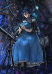  1girl absurdres blue_dress blue_gem blue_hair commentary_request dress frilled_dress frills gem gonglijeongli hat highres iizunamaru_megumu long_hair math pointy_ears pom_pom_(clothes) puritan_collar purple_shoes red_eyes ribbon-trimmed_dress ribbon-trimmed_sleeves ribbon_trim shoes short_hair sitting solo star_(sky) telescope tokin_hat touhou whiteboard 