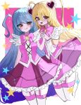  2girls absurdres blonde_hair blue_hair bow bowtie closed_mouth commentary_request don_quixote_(project_moon) dress e.g.o_(project_moon) hair_ornament heart heart_hair_ornament highres holding_hands in_the_name_of_love_and_hate_(e.g.o) limbus_company lobotomy_corporation long_hair looking_at_viewer magical_girl minto_aro multiple_girls open_mouth orange_eyes pink_bow pink_bowtie pink_dress pink_skirt project_moon queen_of_hatred simple_background skirt smile star_(symbol) two_side_up yellow_eyes 