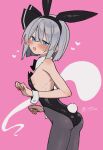  1girl alternate_costume ass black_bow black_bowtie black_hairband black_leotard blue_eyes bow bowtie breasts bunny_day commentary_request detached_collar embarrassed from_side grey_hair grey_pantyhose hairband heart highres hitodama konpaku_youmu konpaku_youmu_(ghost) leotard looking_at_viewer open_mouth otowa_(otoha4634) pantyhose pink_background playboy_bunny signature simple_background small_breasts solo strapless strapless_leotard sweatdrop touhou white_wrist_cuffs wrist_cuffs 