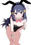  1girl absurdres animal_ear_hairband animal_ears bare_shoulders black_leotard blue_eyes blue_hair blush bow bowtie breasts commentary_request dawn_(pokemon) detached_sleeves fake_animal_ears hairband highres kachi_5057 leaning_forward leotard long_hair looking_at_viewer open_mouth pink_bow pink_bowtie playboy_bunny pokemon pokemon_diamond/pearl/platinum rabbit_ear_hairband rabbit_ears simple_background small_breasts solo strapless strapless_leotard white_background white_wrist_cuffs wrist_cuffs 