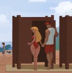 2boys 2girls amugea ass barefoot beach blonde_hair breasts changing_room cloud dark-skinned_female dark_skin day half-closed_eyes hetero highleg highleg_one-piece_swimsuit highres holding holding_hands holding_surfboard large_breasts lifeguard_(lilo_&amp;_stitch) lilo_&amp;_stitch long_hair looking_at_another multiple_boys multiple_girls muscular muscular_male one-piece_swimsuit outdoors red_one-piece_swimsuit red_visor_cap sky standing surfboard sweat swimsuit visor_cap walking wide_hips 