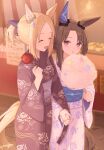  2girls admire_vega_(umamusume) animal_ears black_kimono blonde_hair blush bow breasts brown_hair candy_apple closed_eyes commentary_request cotton_candy ear_covers food gasatsuneo hair_between_eyes highres holding holding_candy_apple holding_cotton_candy holding_food holding_hands horse_ears horse_girl horse_tail japanese_clothes kimono long_hair multiple_girls narita_top_road_(umamusume) obi open_mouth ponytail print_kimono purple_eyes sash short_hair single_ear_cover smile summer_festival tail umamusume white_kimono yukata 