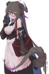  1girl absurdres adjusting_eyewear apron bag black_claws black_dress black_horns black_sleeves blue_hair breasts brown_bag colored_inner_hair commentary_request detached_sleeves dragon_girl dragon_tail dress glasses grey_hair hair_between_eyes highres holding holding_bag horns hushou896792 long_hair medium_breasts monster_girl multicolored_hair multicolored_horns original purple_horns shoulder_bag simple_background slit_pupils solo tail two-tone_hair two-tone_horns waist_apron white_apron white_background 