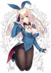 1girl adapted_costume alternate_costume animal_ear_hairband animal_ears atago_(kancolle) ayase_hazuki blonde_hair blue_leotard blush breasts brown_pantyhose commentary_request detached_collar fake_animal_ears fake_tail green_eyes hairband high_heels jacket kantai_collection large_breasts leotard long_hair looking_at_viewer open_mouth pantyhose playboy_bunny rabbit_ear_hairband rabbit_ears rabbit_tail salute smile solo strapless strapless_leotard tail tailcoat_playboy_bunny 