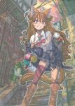  1girl ahoge animal_ear_fluff animal_ears ass_visible_through_thighs backpack bag bag_charm blush boots bow breasts brick_floor brick_wall brown_boots cat_ears cat_girl cat_tail charm_(object) city clothes_lift cloud commentary cyberpunk dated eyeshadow fangs flipped_sidelocks grey_jacket grey_skirt grin hand_on_own_thigh highres holding_strap industrial_pipe jacket jacket_partially_removed leaning_forward long_hair looking_at_viewer makeup medium_breasts meiz original outdoors outline plant pleated_skirt potted_plant red_bow red_eyes red_eyeshadow red_lips school_uniform shirt shoulder_bag sign signature single_loose_sock single_thighhigh skirt skirt_lift sky smile solo stairs sticker tail tassel thighhighs traditional_media twilight wavy_hair white_outline white_shirt 