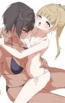  2girls age_difference blonde_hair blue_eyes blush breast_sucking breasts brown_hair commentary_request dark-skinned_female dark_skin height_difference highres kei_(m_k) large_breasts long_hair m_k multiple_girls onee-loli original rika_(m_k) short_hair simple_background size_difference sweat swimsuit tall_female tan tomboy yuri 