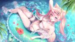  1girl absurdres animal_ears antenna_hair aqua_gem arm_up bare_shoulders belt bikini black_choker blue_shorts blush braid breasts buckle choker cleavage commentary day eyewear_on_head flower frilled_thigh_strap gem hakui_koyori heart heart-shaped_buckle hibiscus highres hololive innertube large_breasts long_hair looking_at_viewer navel open_mouth outdoors petals petals_on_liquid pink_belt pink_flower pink_gem pink_hair pink_nails pink_tail plant pouch purple_eyes sandals shirt shorts smile soaking_feet solo stomach sunglasses swim_ring swimsuit tail test_tube thigh_pouch thigh_strap thighs twintails virtual_youtuber water white_bikini white_sandals white_shirt wolf_ears wolf_girl wolf_tail y_w_uuu 