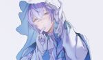  1boy absurdres alternate_costume ascot blending blue_streaks blue_veil blush braid brooch closed_mouth commentary_request crossed_bangs finger_to_mouth frilled_sleeves frills gloves hair_between_eyes hair_over_shoulder highres hoshirube_sho jewelry long_hair long_sleeves looking_at_viewer looking_down male_focus multicolored_hair nijisanji peridot_(periperi_8) purple_hair shirt simple_background single_braid sleeve_ribbon solo streaked_hair two-sided_fabric two-sided_veil upper_body veil veil_lift virtual_youtuber white_ascot white_background white_gloves white_shirt white_veil 