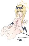  1girl absurdres ahoge bare_legs barefoot black_horns black_tail black_wings blonde_hair blue_archive blush bow braid commentary demon_horns demon_tail demon_wings dress_swimsuit drive_shot feet finger_to_mouth full_body hair_bow halo highres horns ibuki_(blue_archive) ibuki_(swimsuit)_(blue_archive) index_finger_raised jewelry long_hair looking_at_viewer low_wings official_alternate_costume one-piece_swimsuit open_mouth pointy_ears simple_background sitting soles solo swimsuit tail toes twin_braids white_background wings yellow_eyes yellow_halo 