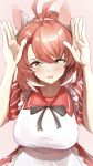  1girl absurdres ahoge animal_ears apron blush breasts brown_eyes brown_hair checkered_ribbon commentary_request dantsu_flame_(umamusume) dress ear_covers employee_uniform fast_food_uniform hair_between_eyes hairband highres horse_ears horse_girl kfc large_breasts looking_at_viewer multicolored_hair official_alternate_costume open_mouth pilinthia pink_hairband red_dress smile solo striped_clothes striped_dress umamusume vertical-striped_clothes vertical-striped_dress white_apron white_hair 
