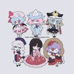  6+girls aqua_hair black_hair blue_eyes blunt_bangs braid braided_ponytail chibi chibi_only commentary company_name copyright_name green_hair hair_ornament hat houraisan_kaguya leaf leaf_hair_ornament long_hair long_skirt maple_leaf medium_hair mob_cap multiple_girls nurse_cap pink_hair red_eyes remilia_scarlet saigyouji_yuyuko sakaki_taka_(cosmicmind) shiki_eiki skirt touhou triangular_headpiece untranslatable_commentary white_hair yagokoro_eirin yasaka_kanako 