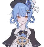  1girl bird_hat_ornament black_bow black_bowtie black_capelet black_hat blue_hair blue_necktie bow bowtie braid braided_hair_rings capelet collared_shirt commentary_request crying crying_with_eyes_open deerstalker hair_bow hair_rings hat hat_bow holding holding_rope long_sleeves looking_at_viewer mahou_shoujo_no_majo_saiban necktie pursed_lips rope shirt short_hair simple_background solo souri_10244 straight-on tachibana_sherry tears upper_body white_background white_shirt yellow_eyes 