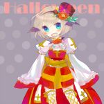 1girl arch_bishop_(ragnarok_online) black_hat blue_eyes blush commentary_request cowboy_shot cross dormir_(challco) dress fishnet_thighhighs fishnets flower frilled_thighhighs frills grey_background grey_hair halloween hat hat_flower jack-o'-lantern_brooch juliet_sleeves long_sleeves looking_at_viewer open_mouth orange_flower puffy_sleeves ragnarok_online red_dress sash short_hair smile solo thighhighs top_hat two-tone_dress white_dress white_thighhighs yellow_sash 