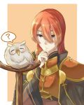  1boy ? armor bird black_cape border bridal_gauntlets brown_eyes cape closed_mouth commentary_request feh_(fire_emblem_heroes) fire_emblem fire_emblem_echoes:_shadows_of_valentia fire_emblem_heroes hair_between_eyes highres low_side_ponytail luthier_(fire_emblem) male_focus manngoham medium_hair orange_hair outside_border owl shoulder_armor side_ponytail solo spoken_question_mark thinking upper_body white_border 