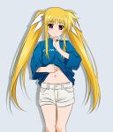  1girl achanpuni bare_legs blonde_hair blue_shirt clothes_lift commentary_request fate_testarossa grey_background hair_ribbon hand_on_own_stomach highres holding holding_shirt holding_unworn_clothes long_hair long_sleeves looking_at_viewer lyrical_nanoha mahou_shoujo_lyrical_nanoha navel presenting_own_body red_eyes ribbon shirt shorts simple_background smile solo stomach twintails unworn_shirt white_ribbon white_shirt 