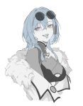  1girl aogiri_koukou blue_hair breasts cleavage eyewear_on_head fang fur_trim grey_eyes hair_between_eyes harusame_urame highres kanade_(kanade_3344) large_breasts long_hair mole mole_under_eye open_mouth over-rim_eyewear pink_eyes round_eyewear semi-rimless_eyewear simple_background solo sunglasses tongue tongue_out virtual_youtuber white_background 