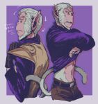  1boy absurdres andrew_oikonny arrow_(symbol) belt commentary_request dual_persona fangs furry furry_male gloves grey_fur highres looking_at_viewer male_focus monkey_boy open_mouth pants pointy_ears reticulum shirt star_fox star_fox_(2026) tail white_fur 