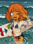 1girl bikini bikini_under_clothes bikini_visible_through_clothes black_bikini blue_eyes blunt_bangs blunt_ends bob_cut breasts broistgruen commentary cowboy_shot dripping dutch_east_india_company dutch_flag english_commentary eyelashes freckles hand_up heart highres holding holding_surfboard kapitein_koek long_sleeves loose_hair_strand miffy miffy_(character) mymy_schoppenboer ocean one_eye_closed ongezellig orange_hair orange_skirt partially_submerged ripples see-through_clothes see-through_shirt shirt short_hair side-tie_bikini_bottom sidelocks skirt small_breasts solo standing string_bikini surfboard surfing swimsuit t-shirt v v_over_eye wading waves wet wet_clothes wet_shirt white_shirt 