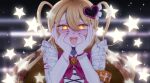  1girl :d blonde_hair blurry blurry_background blush commentary_request don_quixote_(project_moon) e.g.o_(project_moon) eyelashes furrowed_brow highres ima_sugu_rinne_(vocaloid) in_the_name_of_love_and_hate_(e.g.o) limbus_company lobotomy_corporation_(identity)_(project_moon) looking_at_viewer m0neyheight nail_polish open_mouth pink_nails project_moon smile solo star_(symbol) two_side_up upper_body yellow_eyes 