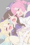  3girls :d ^_^ ahoge anyoji_hime ascot blonde_hair blue_hair blush brown_hair closed_eyes commentary_request curtained_hair facing_viewer frilled_sleeves frills fujishima_megumi gloves gradient_hair grey_background group_hug hana_sakeba_yume_kakeru highres hug jacket kentotto long_hair love_live! love_live!_hasu_no_sora_jogakuin_school_idol_club love_live!_hasu_no_sora_jogakuin_school_idol_club_bloom_garden_party mira-cra_park! multi-tied_hair multicolored_hair multiple_girls open_mouth osawa_rurino parted_bangs pink_hair ponytail puffy_short_sleeves puffy_sleeves purple_ascot short-sleeved_jacket short_sleeves simple_background smile teeth twintails two_side_up unfinished upper_body upper_teeth_only virtual_youtuber white_gloves white_jacket 