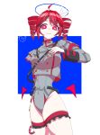  1girl absurdres adapted_costume ahoge breasts commentary_request cross-shaped_pupils detached_wings drill_hair flying_nimbus grey_jacket grey_leotard groin hair_ribbon highres jacket kasane_teto kasane_teto_(sv) leotard looking_at_viewer low_wings medium_breasts nail_polish red_eyes red_hair red_nails ribbon seibutsu_(kaibu23_seibutu) solo symbol-shaped_pupils synthesizer_v twin_drills utau white_ribbon wings 