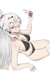  absurdres bikini black_bikini breasts chaos_zero_nightmare crossed_legs earrings from_above glasses hair_over_one_eye hair_tie highres holding holding_removed_eyewear jewelry nine_(chaos_zero_nightmare) swimsuit thighs unworn_eyewear white_background white_hair xelnoth 