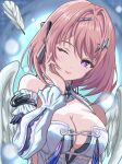  1girl absurdres bare_shoulders blush breasts cleavage closed_mouth commentary detached_sleeves dress eyelashes feathered_wings feathers highres large_breasts long_sleeves macqueen7777 medium_hair one_eye_closed pink_eyes pink_hair pink_lips remielle_dan smile solo tassel white_dress white_feathers white_sleeves white_wings wings zenless_zone_zero 