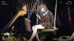  1girl absurdres barefoot battery_indicator black_hair black_skirt commentary deer facial_recognition fake_screenshot hair_intakes highres long_hair looking_at_viewer neckerchief night on_swing open_mouth original outdoors park playground pleated_skirt recording red_eyes red_neckerchief sailor_collar school_uniform serafuku sitting skirt slide swing swing_set untranslatable_commentary verniy_(tony52911856) viewfinder white_sailor_collar 