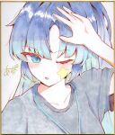  1girl aipa blue_archive blue_eyes blue_hair blue_shirt blush collarbone commentary_request hand_up highres lanyard long_hair looking_at_viewer one_eye_closed shirt short_sleeves signature solo star_on_cheek t-shirt traditional_media yuuka_(blue_archive) yuuka_(track)_(blue_archive) 