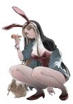  1girl alternate_costume animal_ear_hairband animal_ears between_legs black_veil blonde_hair blue_nails breasts bunny_day carrot cleavage commentary fake_animal_ears fishnet_pantyhose fishnets grey_jacket hair_over_breasts hairband hand_between_own_legs high_heels highres holding holding_carrot jacket jacket_partially_removed leotard lips long_hair looking_at_viewer medium_breasts nail_polish nijisanji nun off_shoulder open_clothes open_jacket pantyhose parted_bangs playboy_bunny rabbit rabbit_ear_hairband rabbit_ears red_leotard red_shoes revision sakayama_shinta shoes shrug_(clothing) simple_background sister_claire sleeves_rolled_up solo squatting strapless strapless_leotard veil virtual_youtuber white_background white_shrug white_wrist_cuffs wrist_cuffs yellow_eyes 