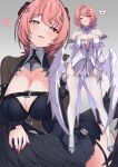  1girl absurdres belt black_belt black_bow black_dress black_shirt black_wings blush bow breasts chest_belt cleavage closed_mouth commentary_request dress dual_persona fingernails full_body grey_background hair_bow hair_intakes hair_ribbon heart high_heels highres kaiven_banzhang large_breasts long_sleeves looking_at_viewer medium_hair mole mole_on_breast nail_polish open_mouth pink_eyes pink_hair pink_lips purple_nails purple_ribbon red_bow red_nails remielle_dan ribbon shirt shoes simple_background smile solo_focus speech_bubble thighhighs thighs thought_bubble tongue tongue_out white_dress white_ribbon white_shoes white_thighhighs white_wings wings zenless_zone_zero 