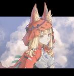 1girl animal_ear_fluff animal_ears arknights arknights:_endfield blonde_hair breasts cape commentary dress ears_through_hood highres hood hood_up hooded_cape jewelry letterboxed looking_at_viewer low-tied_sidelocks medium_hair necklace outside_border pendant_choker red_cape rossi_(arknights) sidelocks signature small_breasts solo strapless strapless_dress tooth_necklace upper_body white_dress wolf_ears wolf_girl y93067 yellow_eyes 