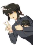  2boys :3 :d ahoge anime_coloring black_hair blush braid brown_hair buttons chibi degrees_of_lewdity dutch_angle fang gakuran green_eyes hair_between_eyes hand_on_own_chest heart heart-shaped_pupils high_collar highres holding_chibi kylar_(degrees_of_lewdity) kylar_(male)_(degrees_of_lewdity) long_sleeves looking_at_another looking_at_viewer multiple_boys original player_character_(degrees_of_lewdity) player_character_(male)_(degrees_of_lewdity) ru2786764357 school_uniform short_hair sidelocks simple_background single_braid smile symbol-shaped_pupils upper_body v yellow_eyes 