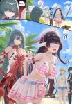 !? 4girls absurdres bad_id bad_twitter_id beach bikini bikini_skirt black_hair blindfold blue_sky blush breasts chisa_(peach_parfait)_(wuthering_waves) chisa_(wuthering_waves) closed_mouth commentary_request day dress earrings female_rover_(wuthering_waves) food fruit giving_wedgie grey_hair hair_ribbon halter_dress halterneck hand_on_own_hip hat highres holding jewelry korean_commentary large_breasts long_hair low_twintails lynae_(peppermint)_(wuthering_waves) lynae_(wuthering_waves) multiple_girls navel ocean official_alternate_costume open_mouth outdoors phrolova_(wuthering_waves) pink_bikini pink_ribbon plaid_bikini plaid_clothes red_dress revision ribbon rover_(wuthering_waves) shore skirt sky soul_(smfa2555) stomach suikawari swimsuit tacet_mark_(wuthering_waves) twintails watermelon wedgie white_hat wuthering_waves 