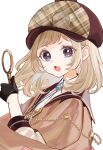  1girl black_gloves brooch brown-framed_eyewear brown_capelet brown_hair brown_hat capelet collared_shirt commentary deerstalker eyewear_on_headwear fang from_side glasses gloves half_gloves harapeko_shoujo_to_tantei_to haruno_ritsuka hat highres holding jewelry long_sleeves magnifying_glass open_mouth plaid_hat puffy_long_sleeves puffy_sleeves purple_eyes rino_cnc round_eyewear shirt short_eyebrows signature simple_background solo thick_eyebrows twitter_username v-shaped_eyebrows white_background white_shirt 