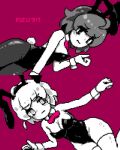  2girls animal_ear_hairband animal_ears bow bowtie breasts cleavage commentary_request covered_navel detached_collar embarrassed fake_animal_ears greyscale greyscale_with_colored_background hairband leotard maribel_hearn medium_breasts medium_hair monochrome multiple_girls pantyhose pink_background pink_bow pink_bowtie pixel_art playboy_bunny rabbit_ear_hairband rabbit_ears strapless strapless_leotard thighhighs touhou translation_request usami_renko wasabisuke wrist_cuffs 