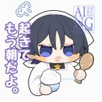  1boy absurdres alternate_costume apron blush bowl chibi chibi_only commentary_request cropped_torso genshin_impact gold highres holding holding_bowl holding_spoon kappougi kunimi_(akihito9696) long_sleeves looking_at_viewer male_focus no_pupils open_mouth purple_eyes rice scaramouche_(genshin_impact) solo spoon tenugui translation_request twitter_username v-shaped_eyebrows wanderer_(genshin_impact) white_apron white_background white_sleeves wooden_spoon 