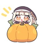  1girl arms_up blonde_hair blunt_bangs blush chibi chibi_only commentary_request highres long_hair long_sleeves looking_at_viewer meme notice_lines nun open_mouth orange_eyes pumpkin simple_background solo speaki_(trickcal) speakiposting_(meme) syurikenmaru trickcal white_background 