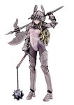  1girl animal_ears armor armored_boots axe battle_axe blonde_hair boots breasts commentary_request fake_animal_ears full_body gauntlets grey_leotard grey_pantyhose helmet highres holding holding_axe holding_ball_and_chain_(weapon) leotard long_hair looking_at_viewer original pantyhose rabbit_ears sato_yoshimi shoulder_armor simple_background solo standing thigh_boots weapon white_background 