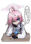  1girl absurdres ahoge black_gloves blue_archive blue_eyes blue_necktie closed_mouth collared_shirt commentary_request fingerless_gloves gloves hair_between_eyes halo highres hoshino_(blue_archive) kishi_zero_1 long_hair long_sleeves necktie one_eye_closed pink_hair pink_halo shaded_face shirt simple_background solo speech_bubble thought_bubble translation_request upper_body white_background white_shirt 