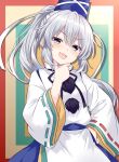  1girl blue_hat blue_skirt border commentary_request grey_eyes grey_hair hand_on_own_hip hat highres japanese_clothes kariginu long_hair long_sleeves looking_at_viewer mononobe_no_futo open_mouth outside_border pom_pom_(clothes) ponytail red_border ribbon-trimmed_sleeves ribbon_trim skirt smile solo tanaka_shoushou_fumimaro tate_eboshi touhou wide_sleeves 