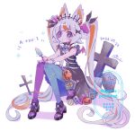  1girl animal_ear_fluff animal_ears asymmetrical_legwear black_dress blue_eyes blue_pantyhose blush bone_hair_ornament bracelet bright_pupils commentary_request dated dress food full_body grey_hair hair_ornament holding holding_food jack-o'-lantern jewelry long_hair melting_popsicle mismatched_legwear mochimura_sorata multicolored_hair orange_hair original pantyhose patchwork_skin popsicle purple_nails purple_pantyhose purple_shoes romaji_text screw_hair_ornament shoes sitting solo streaked_hair tareme tombstone twintails two-tone_hair very_long_hair watermark white_background white_pupils x_hair_ornament 