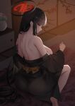  1girl alternate_costume ass back bare_shoulders barefoot black_hair black_halo blue_archive breasts closed_mouth commentary from_behind halo hand_up highres indoors large_breasts long_hair looking_at_viewer looking_back multicolored_halo naze236 off_shoulder panties red_eyes red_halo rio_(blue_archive) see-through_clothes sitting solo two-tone_halo underwear untranslatable_commentary very_long_hair wariza 